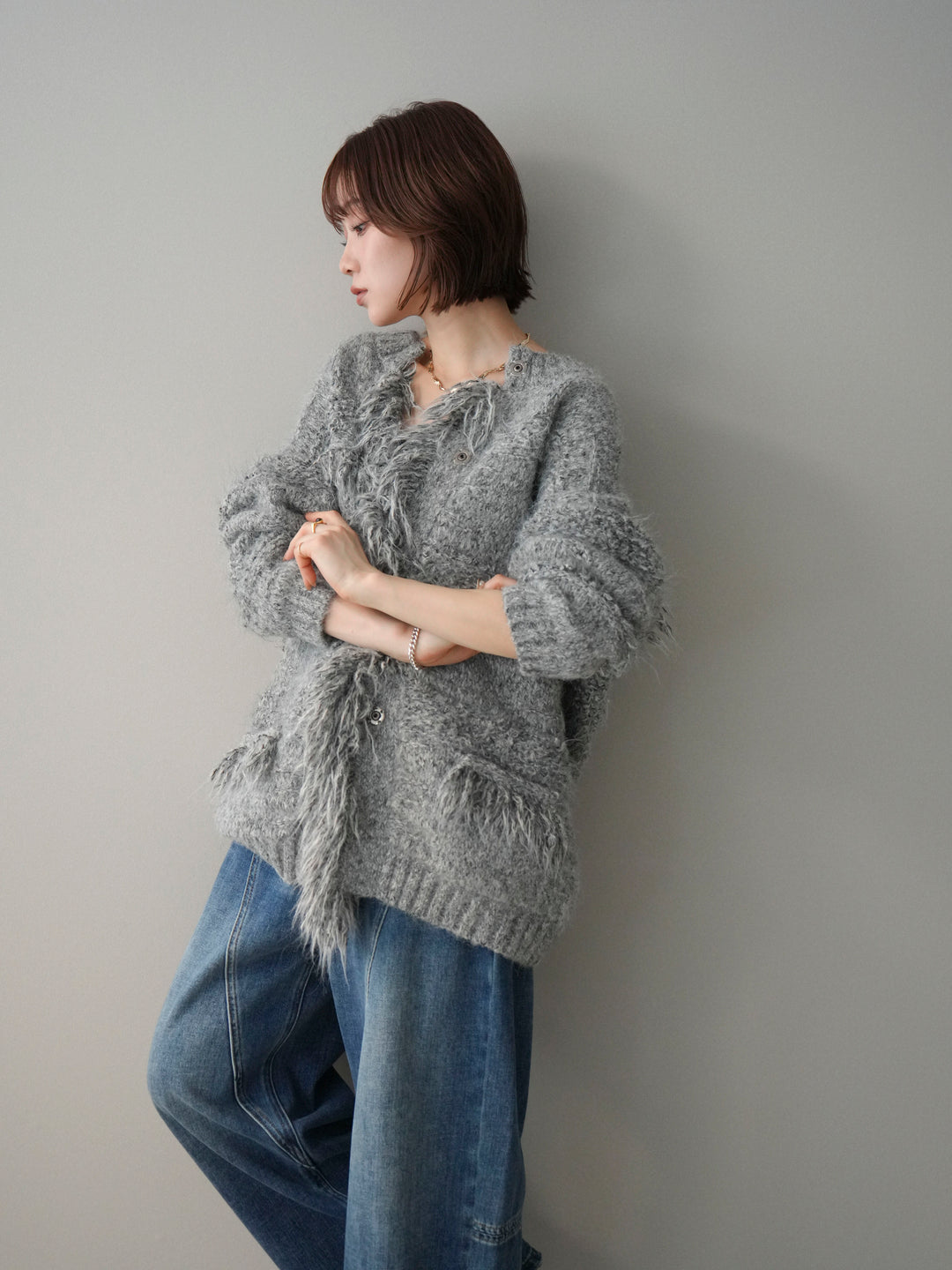 [予約]ミックスヤーンフリンジデザインニットジャケット/gray