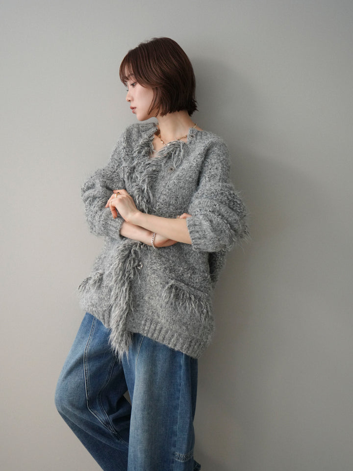 [予約]ミックスヤーンフリンジデザインニットジャケット/gray