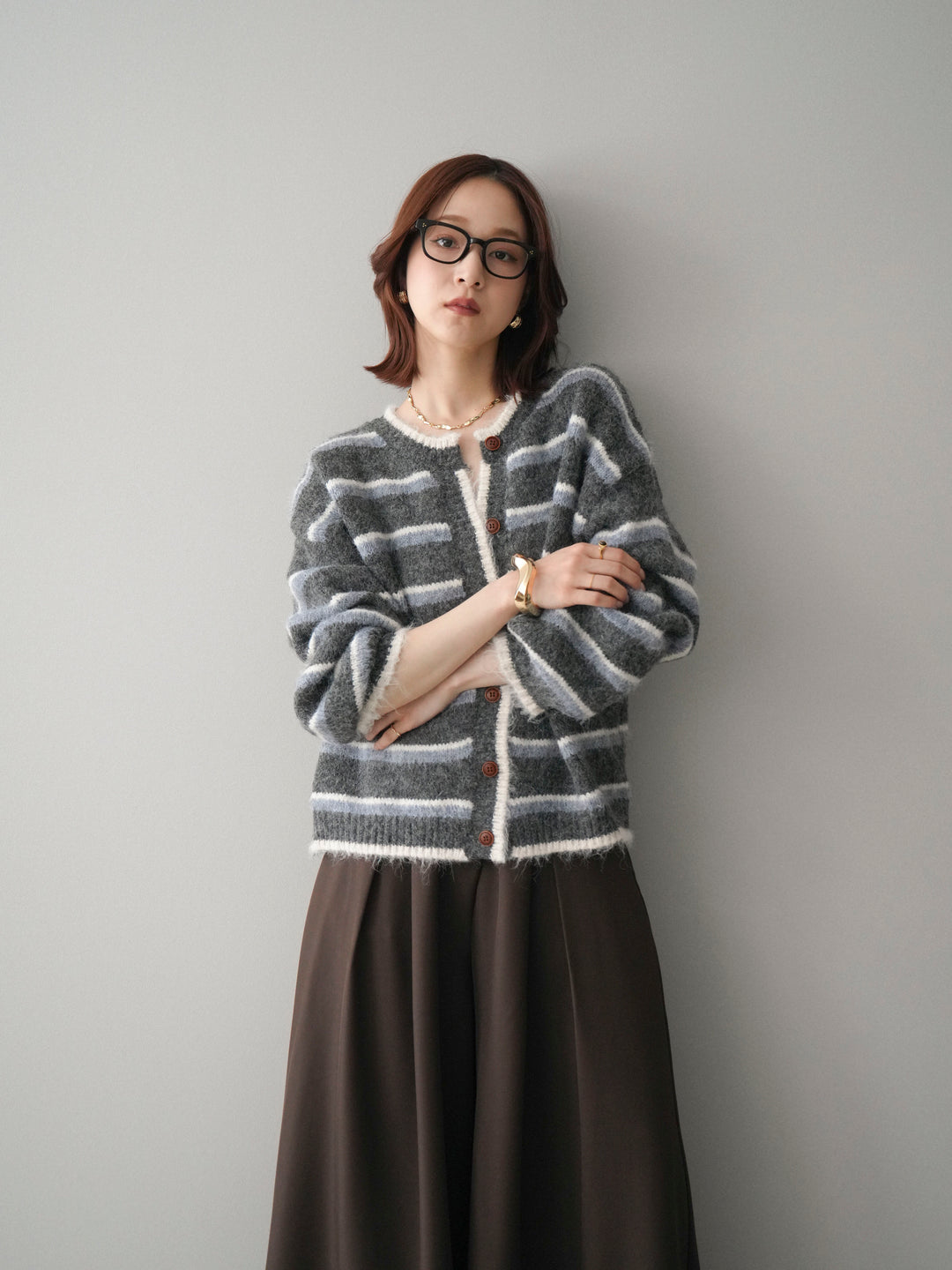 [SET]ウールタッチ配色ボーダーニットカーディガン+テープベルトタックバギーパンツ(2set)