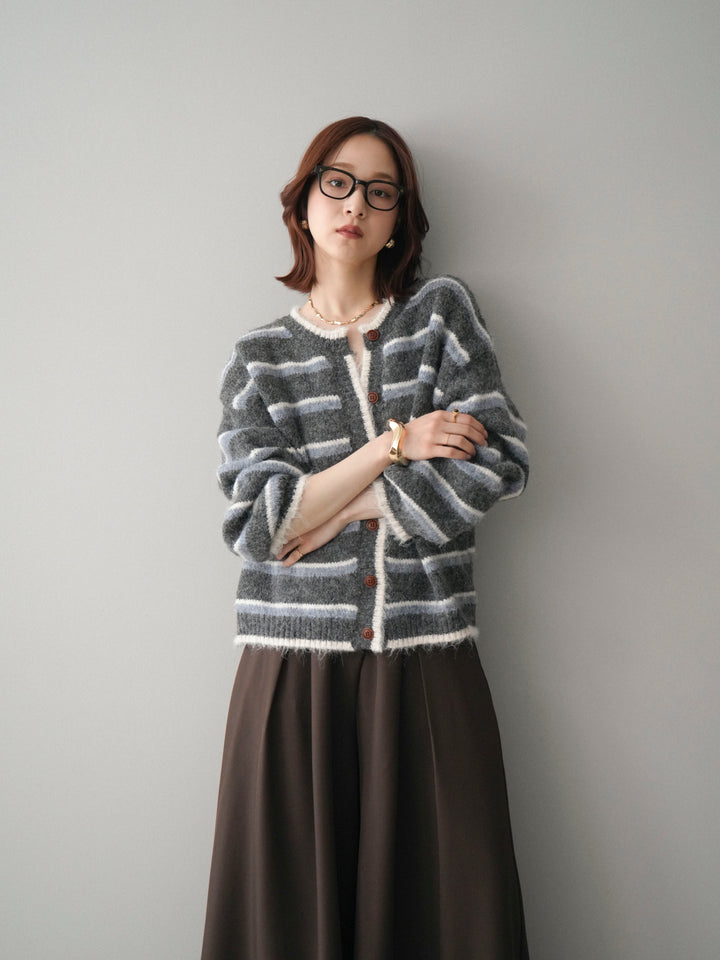 [SET]ウールタッチ配色ボーダーニットカーディガン+テープベルトタックバギーパンツ(2set)