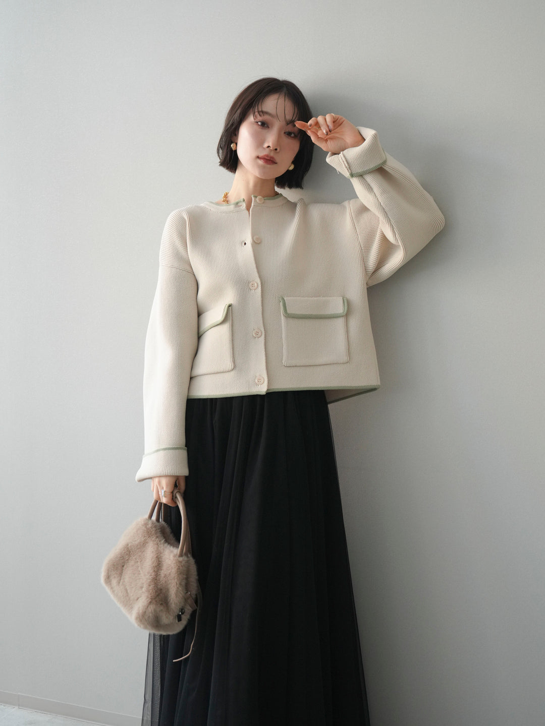 [SET]ポリエステル配色ニットカーディガン+チュールボリュームスカート(2set)