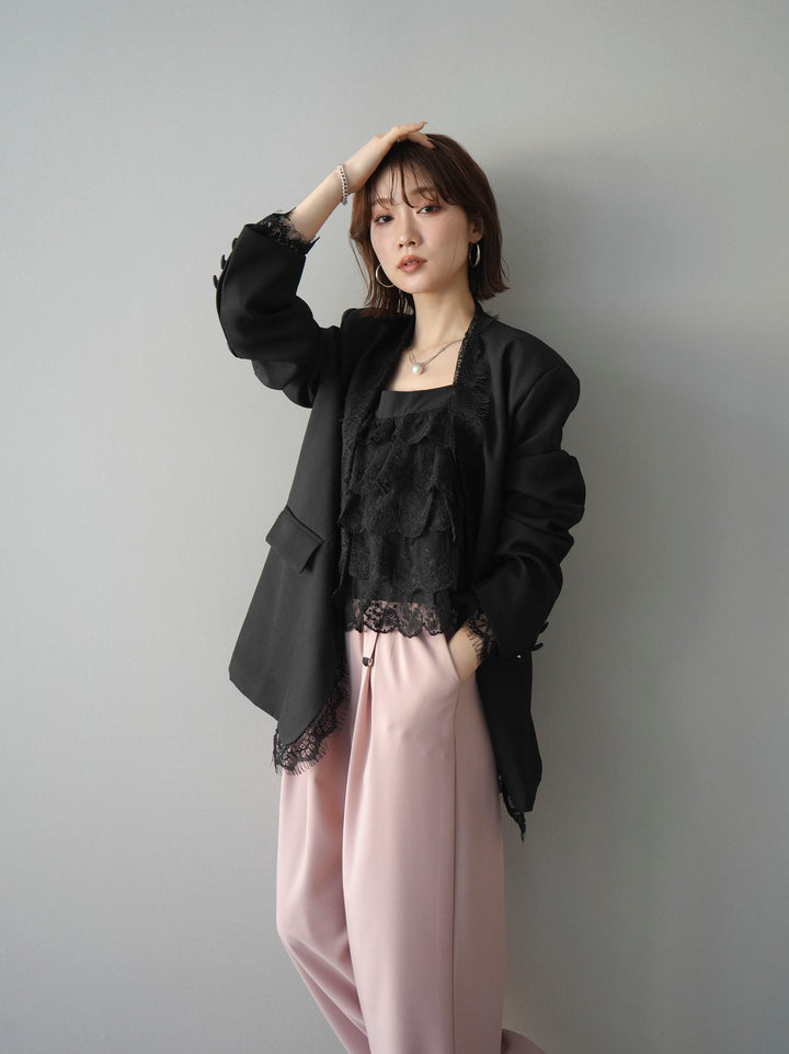 [SET]ノーカラーレースジャケット+スカラップレースフリルキャミソール+ベルト付キーホルダーモチーフワイドパンツ(3set)