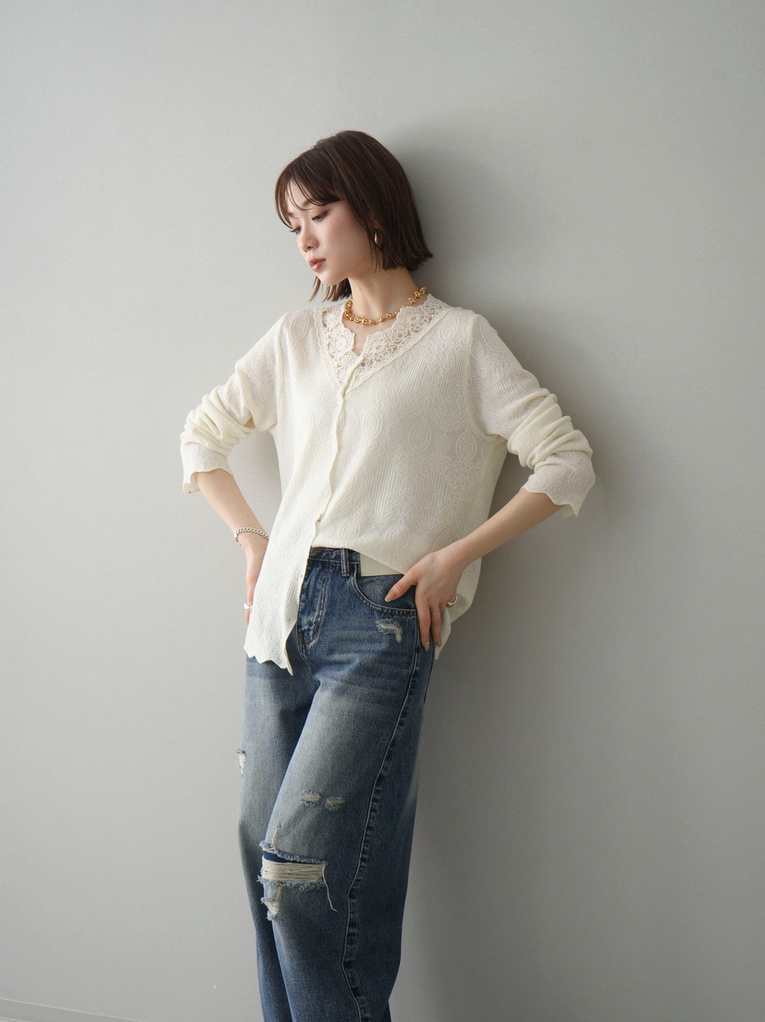 [SET]レースネックジャガードニットカーディガン+ダメージデニムセミワイドパンツ(2set)