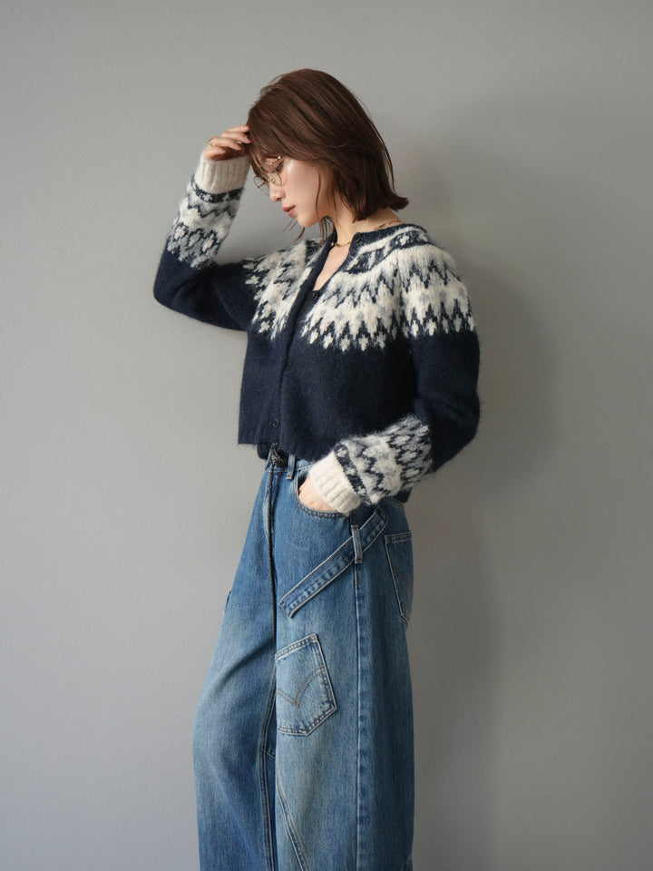 【着回しセット】[SET]求心柄クロップドニットカーディガン+ミックスヤーンペイズリー柄ニットカーディガン+ペインターカーブデニムパンツ(3set)