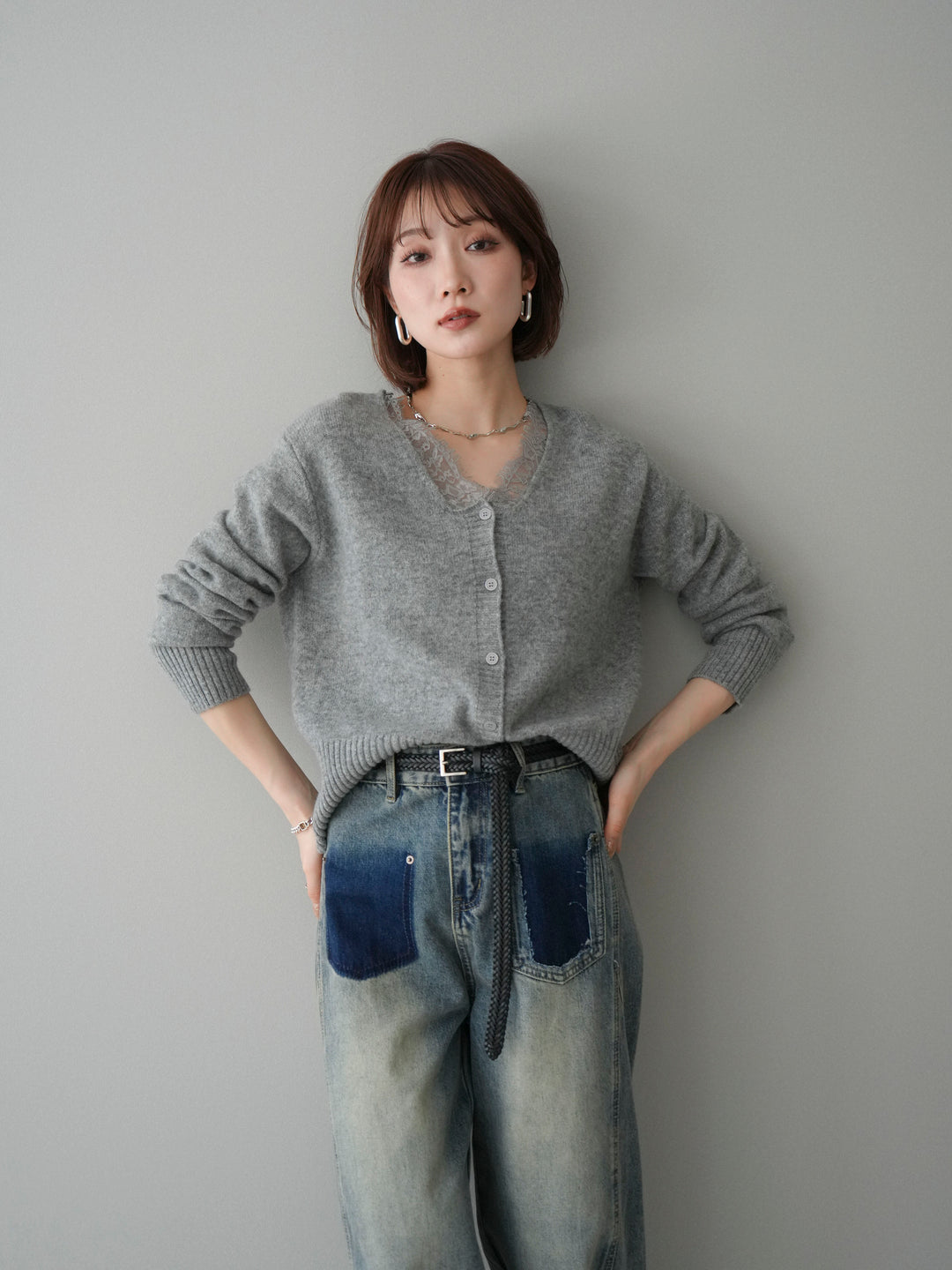 [SET]レースネックニットカーディガン+選べるアクセセット(2set)