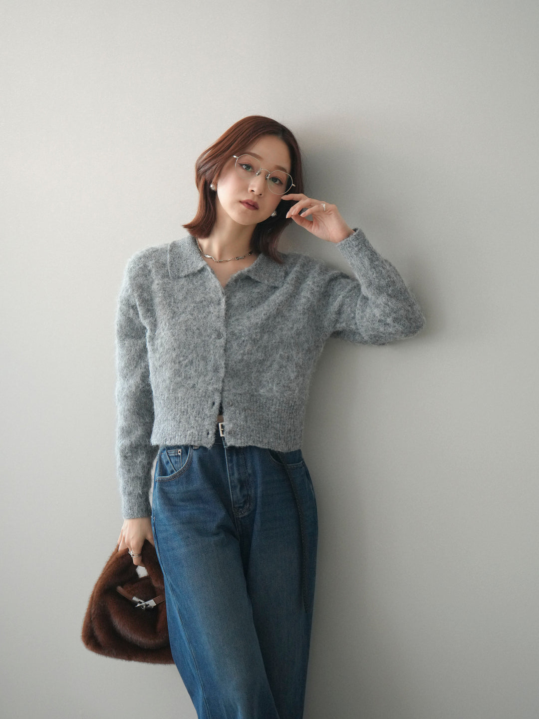 [SET]モヘア衿付きボタンプルオーバー+裏起毛裾フリンジワイドデニムパンツ(2set)