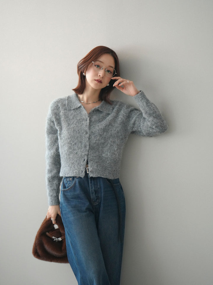 [SET]モヘア衿付きボタンプルオーバー+裏起毛裾フリンジワイドデニムパンツ(2set)