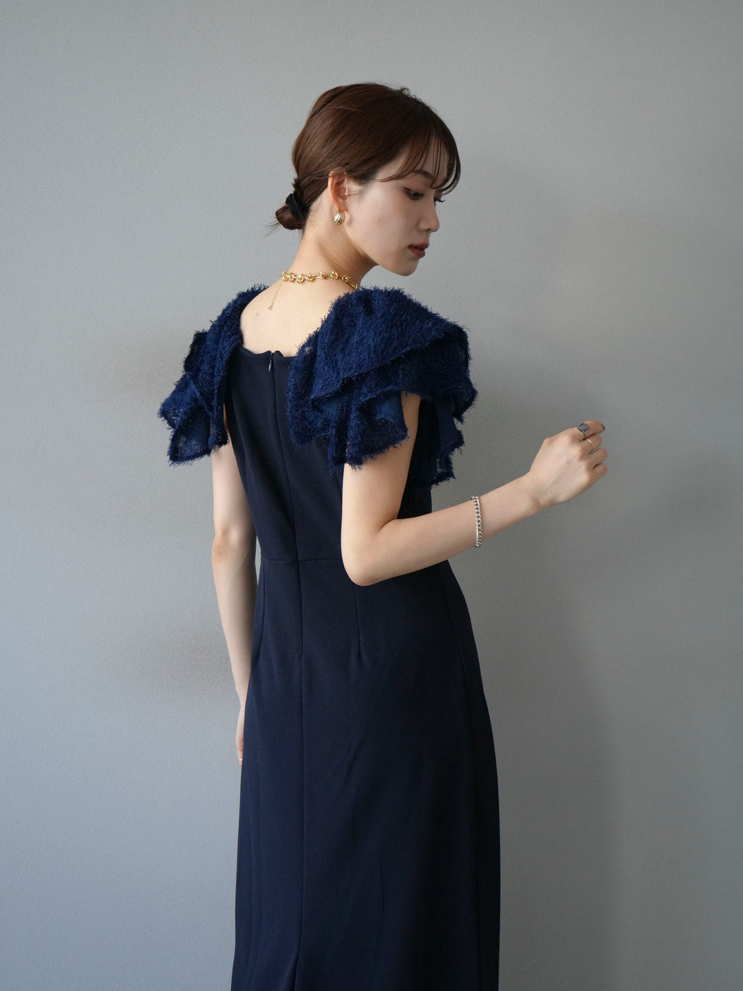 [予約]ジャガードフレアスリーブドレス/ネイビー