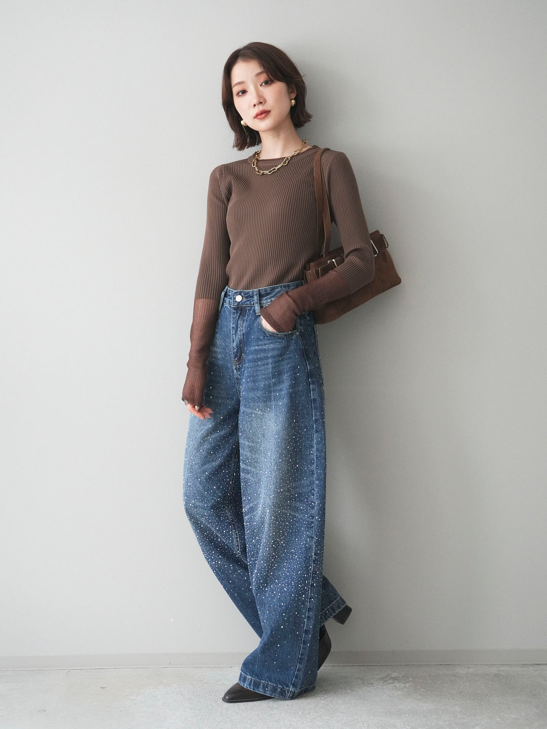 [SET]リブラメシアー切替リブニットトップス+ラインストーンカーブデニムパンツ(2set)