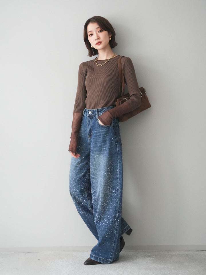 [SET]リブラメシアー切替リブニットトップス+ラインストーンカーブデニムパンツ(2set)