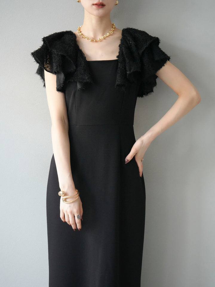 [予約]ジャガードフレアスリーブドレス/ブラック