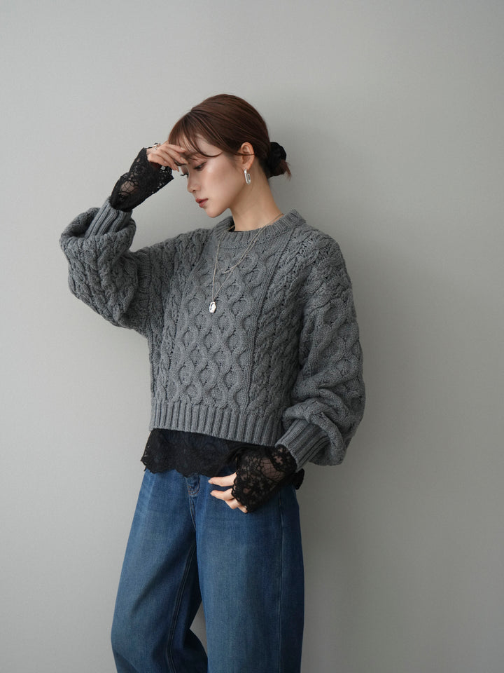 【着回しセット】[SET]バルキーケーブルクロップドニットプルオーバー+アンゴラタッチクルーネックニットプルオーバー+チュールレーストップス(3set)