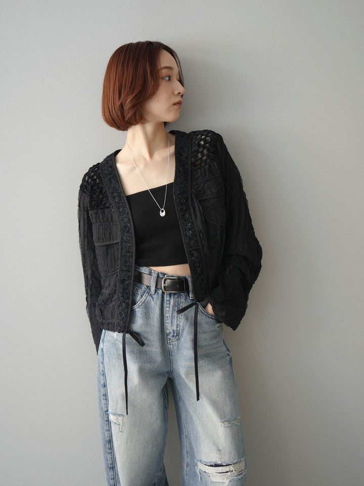 [SET]パッチワークシアーフリルブルゾン+カップ付テレコリブベアキャミソール+ダメージデニムセミワイドパンツ(3set)