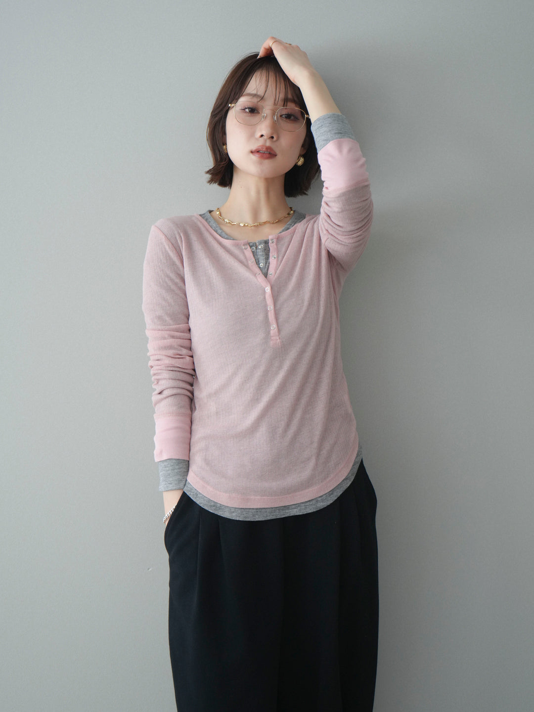 [予約]シアーリブヘンリーネックロンT/pink