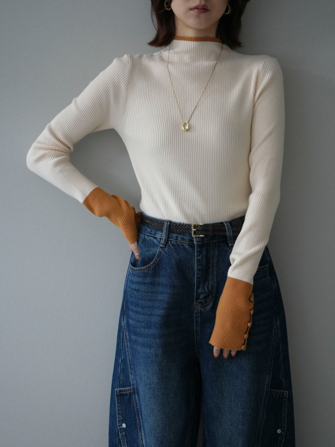 [SET]袖ボタンハイネック配色リブニットトップス+選べるアクセセット(2set)