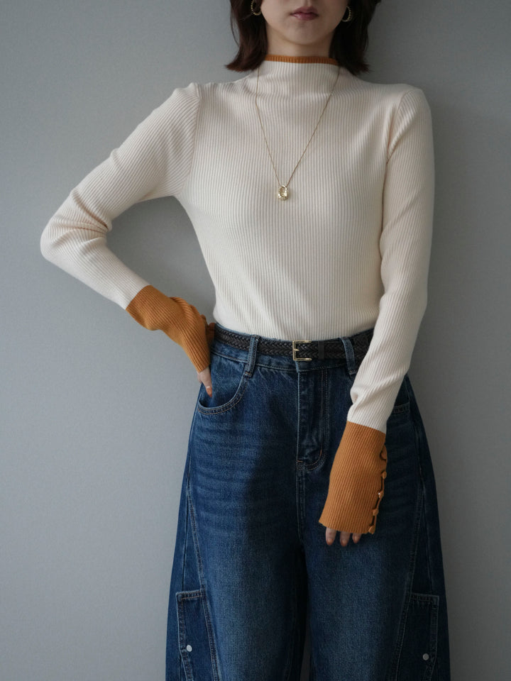 [SET]袖ボタンハイネック配色リブニットトップス+選べるアクセセット(2set)