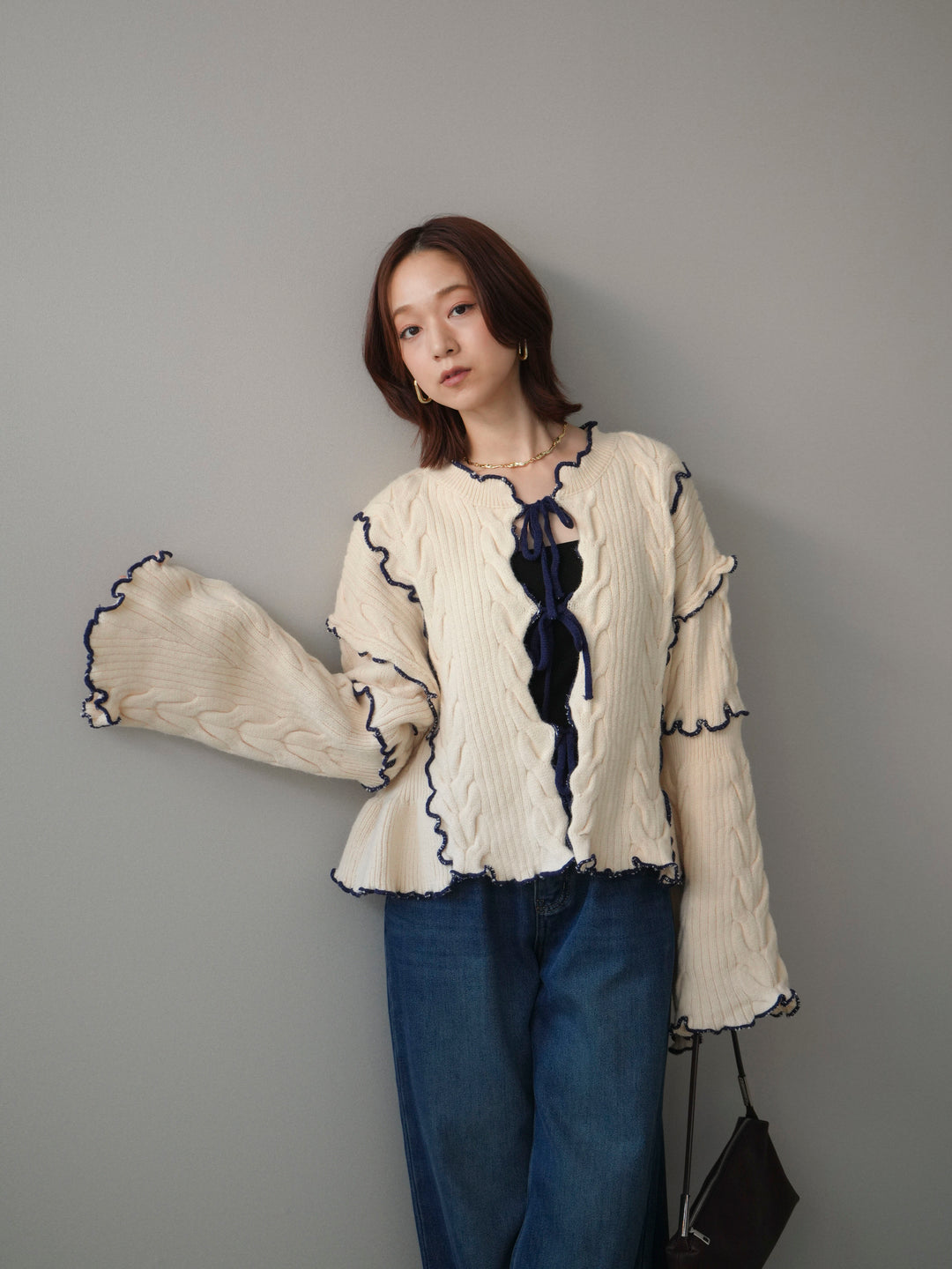 [SET]フロントリボン配色メローニットカーディガン+裏起毛裾フリンジワイドデニムパンツ(2set)