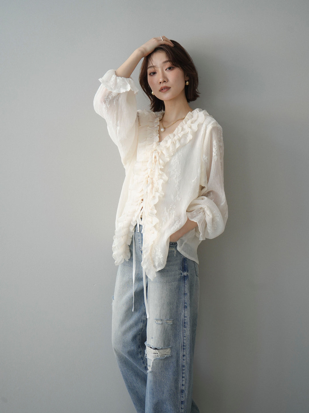 [予約]楊柳ラッフルフリルカーディガン/ivory
