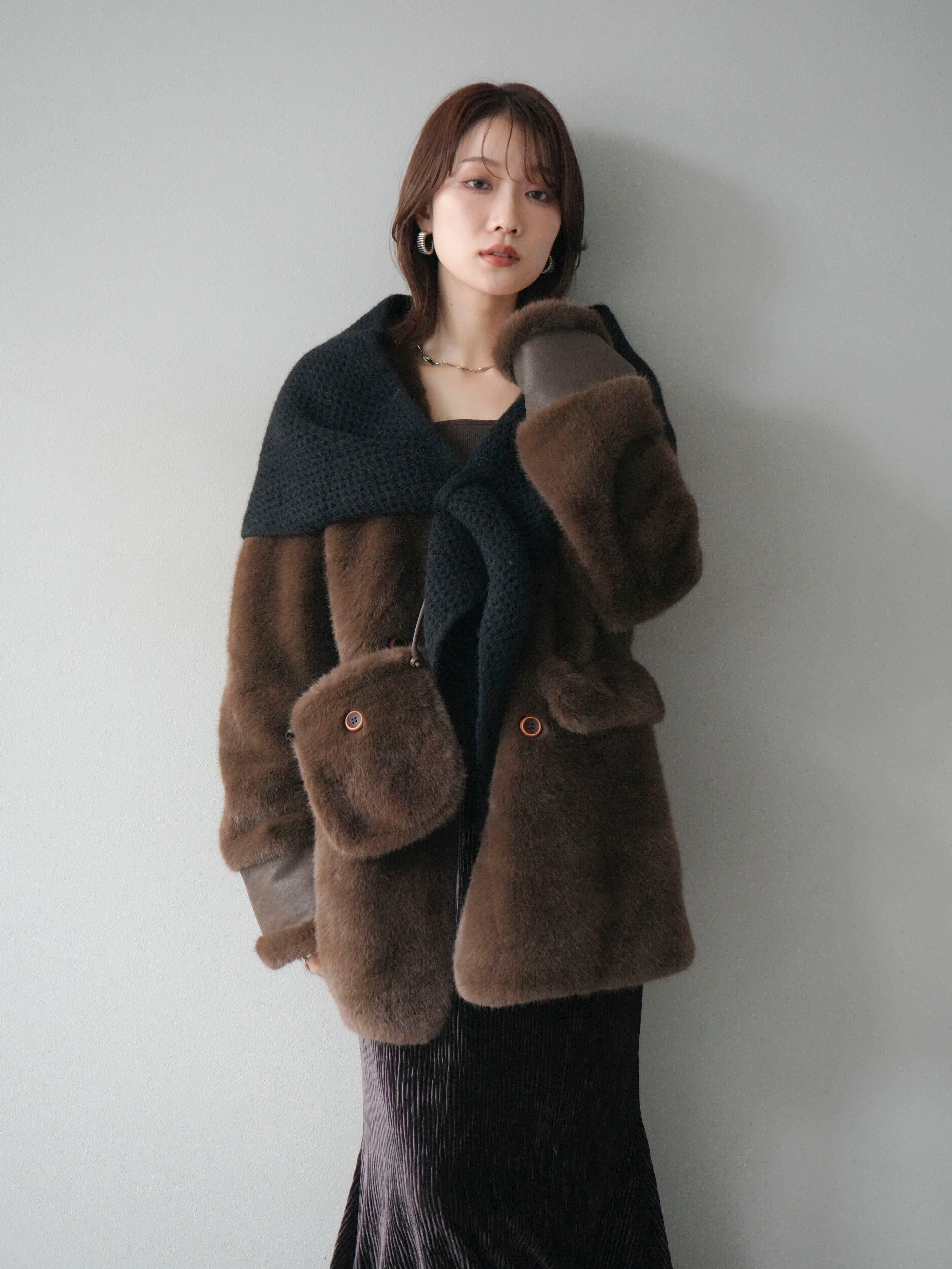 SET]バッグ付エコファーノーカラーコート+選べるアクセセット(2set