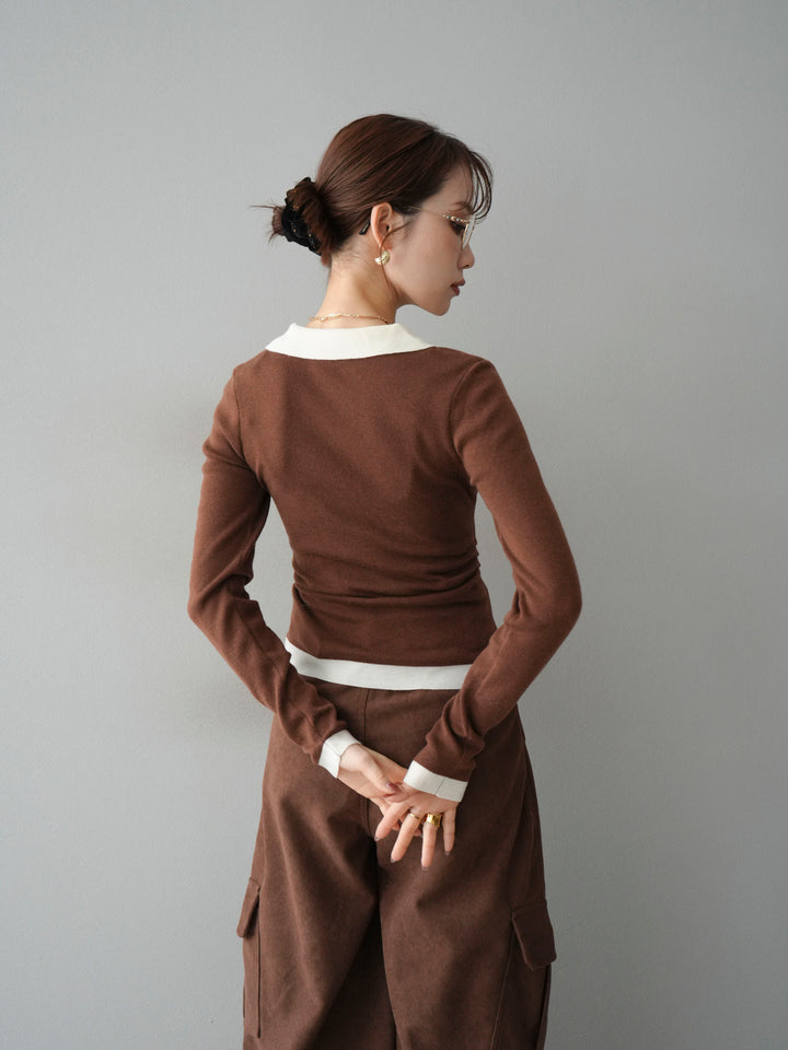 [予約]レイヤード配色ポロニットトップス/brown
