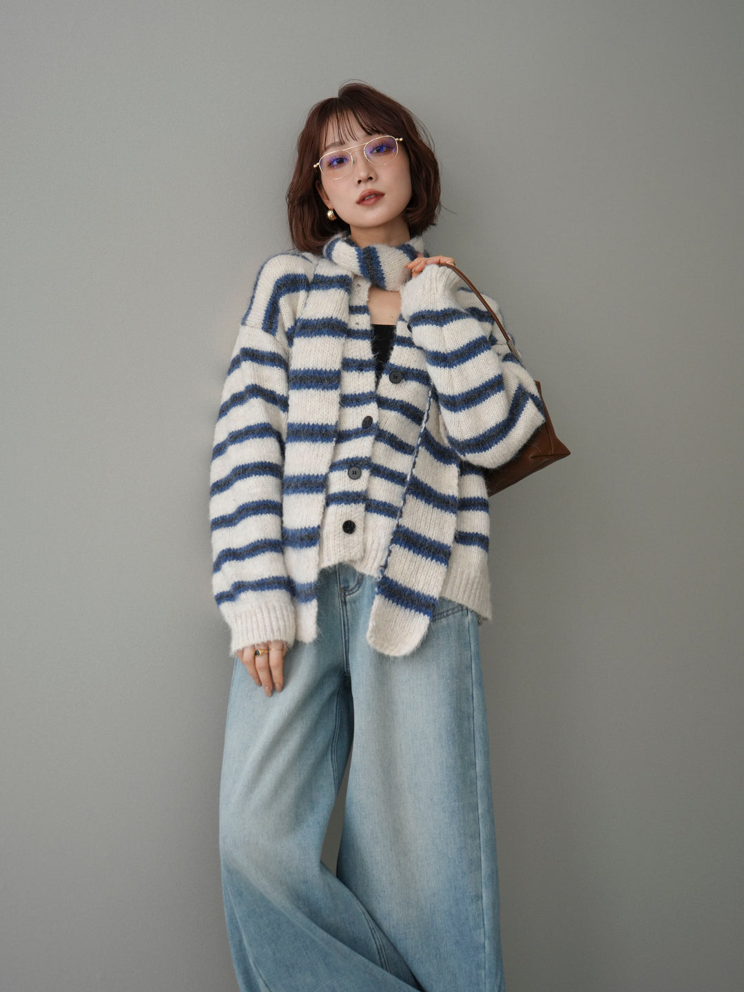 [予約]ボウタイ付きボーダーニットプルオーバー/white