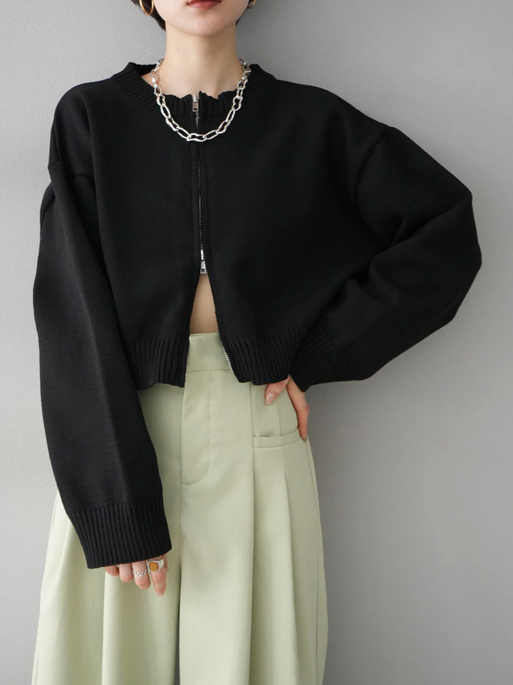 [Pre-order] Double Zip Cropped Knit Cardigan/Black