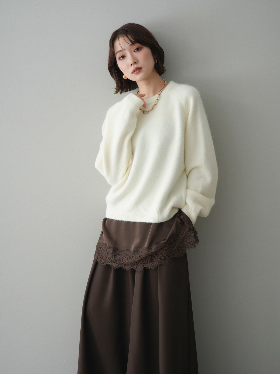 [予約]クルーネックモチモチニットプルオーバー/white