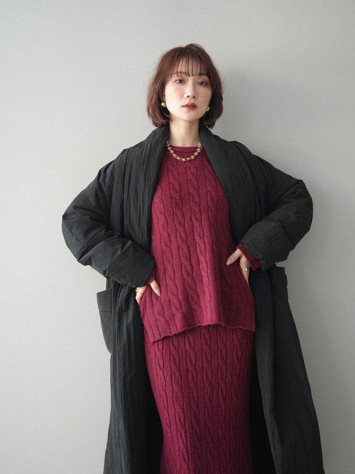 [SET]ストール付ケーブルニットプルオーバー&ロングスカートSET UP+ロングダウンコート(2set)