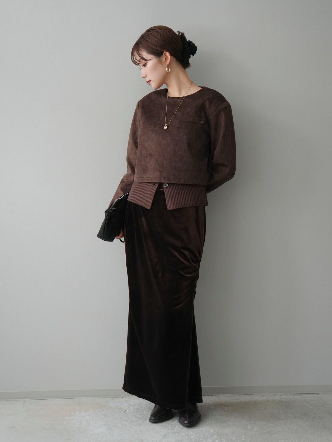 [予約]リブニットレイヤードスエードプルオーバー/brown