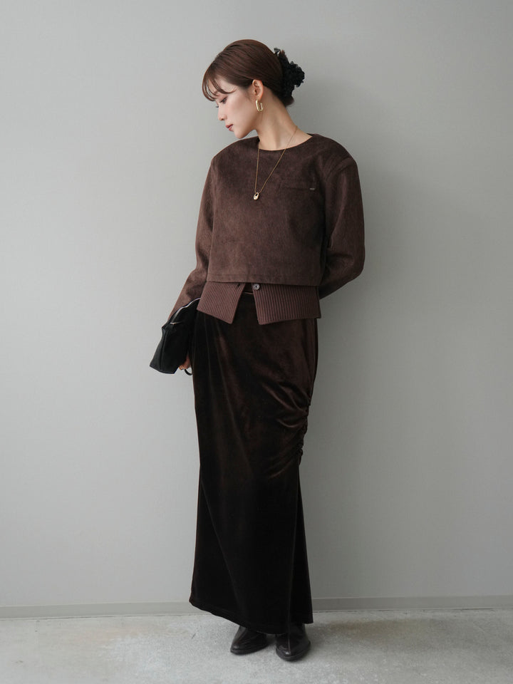 [予約]リブニットレイヤードスエードプルオーバー/brown