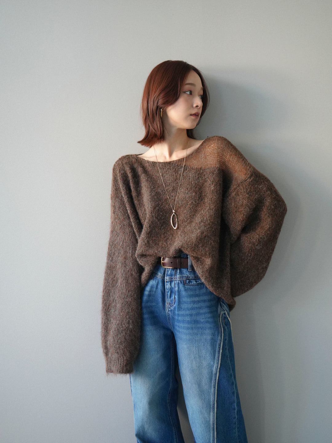 [予約]透かしデザインニットプルオーバー/brown