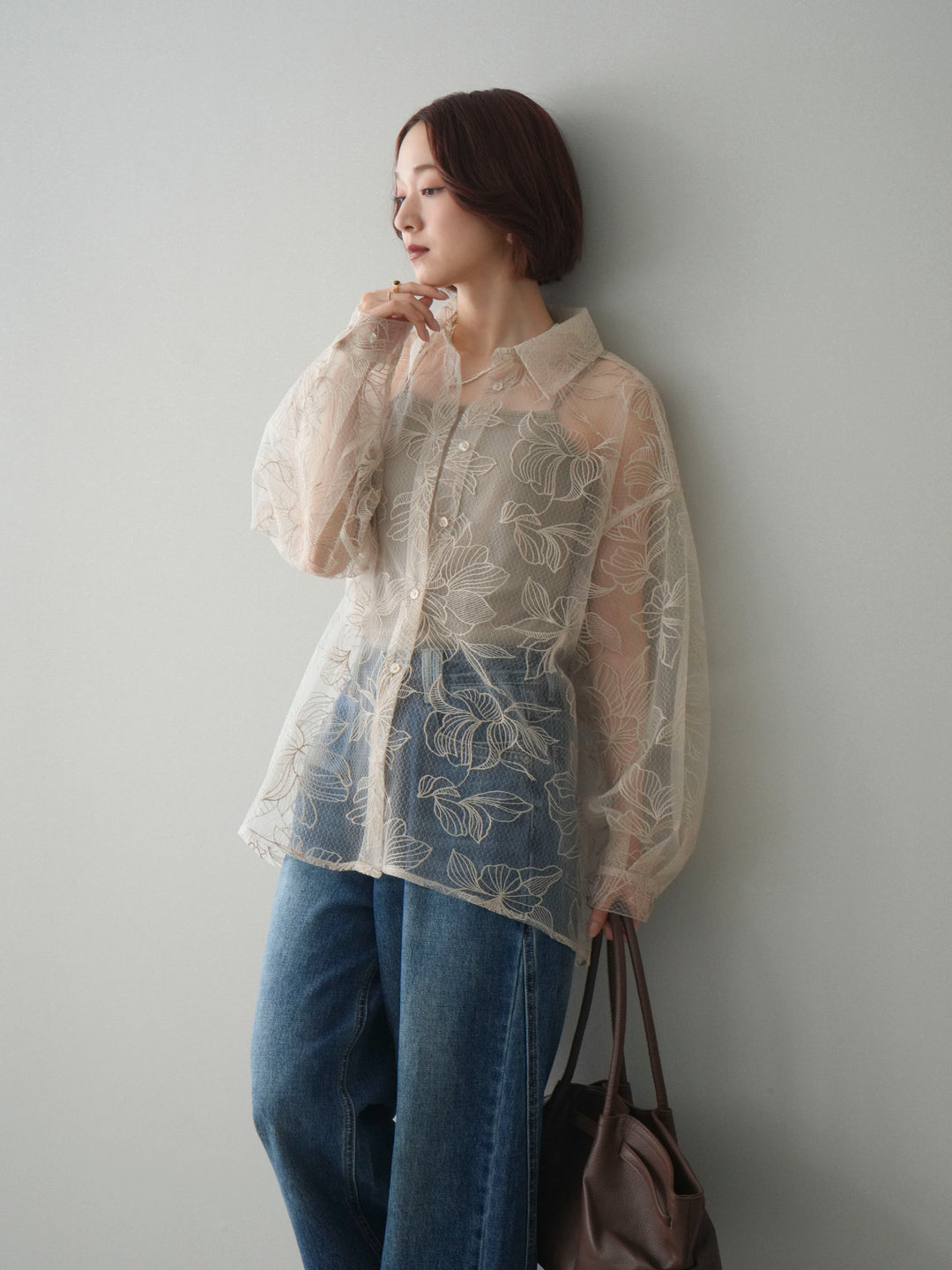[予約]チュールフラワー刺繍オーバーシャツ/ecru