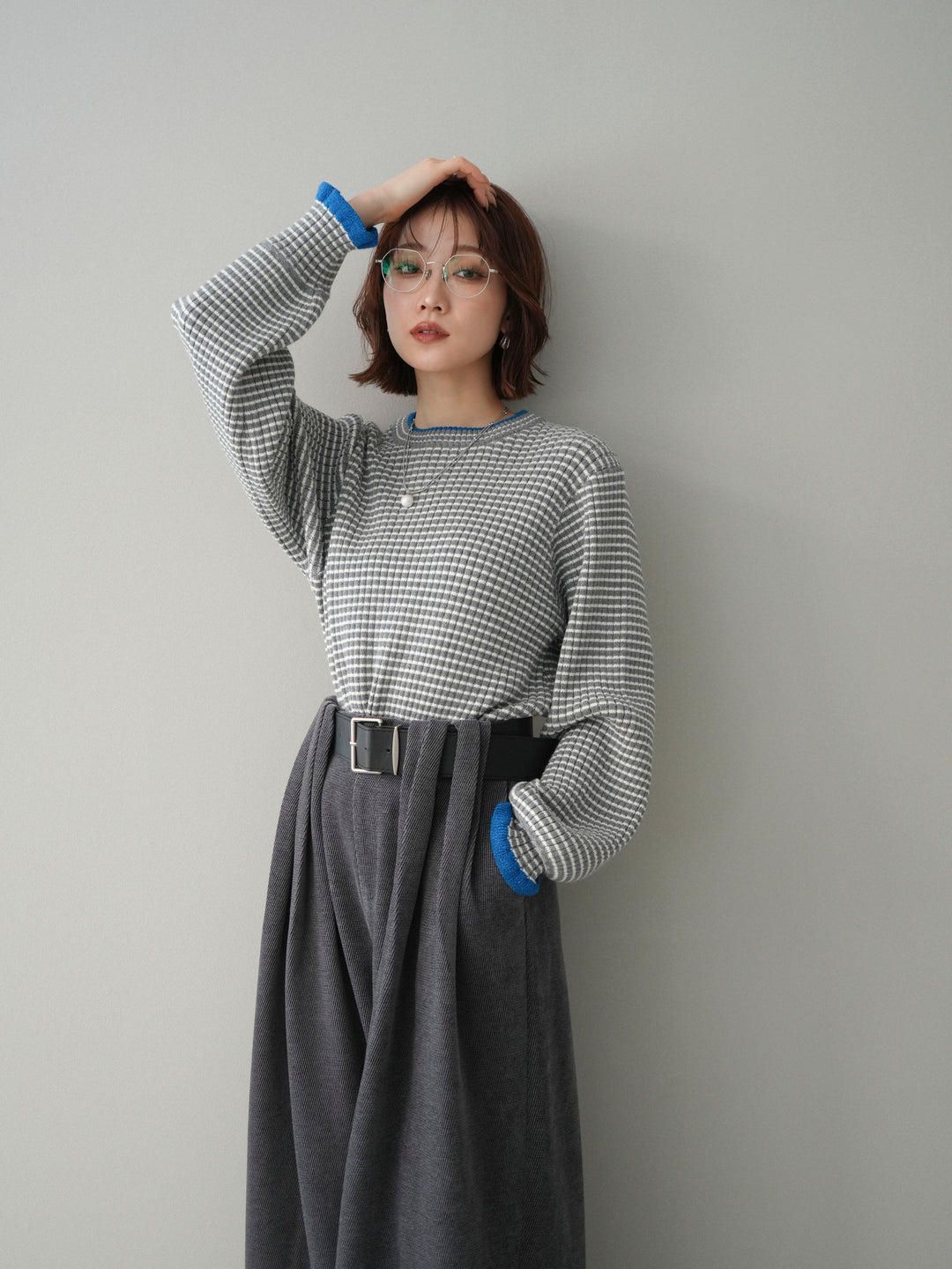 [予約]ラメ異素材ボーダーリブニットプルオーバー/charcoal×blue