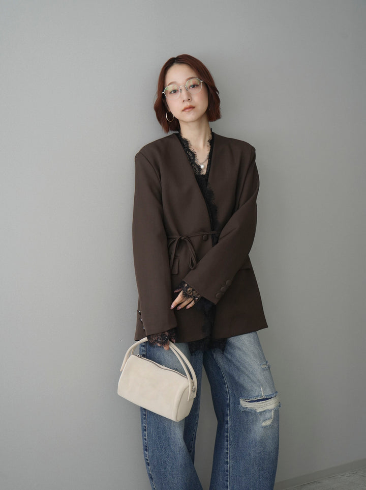 [SET]ノーカラーレースジャケット+カップ付テレコリブベアキャミソール+ダメージデニムセミワイドパンツ(3set)