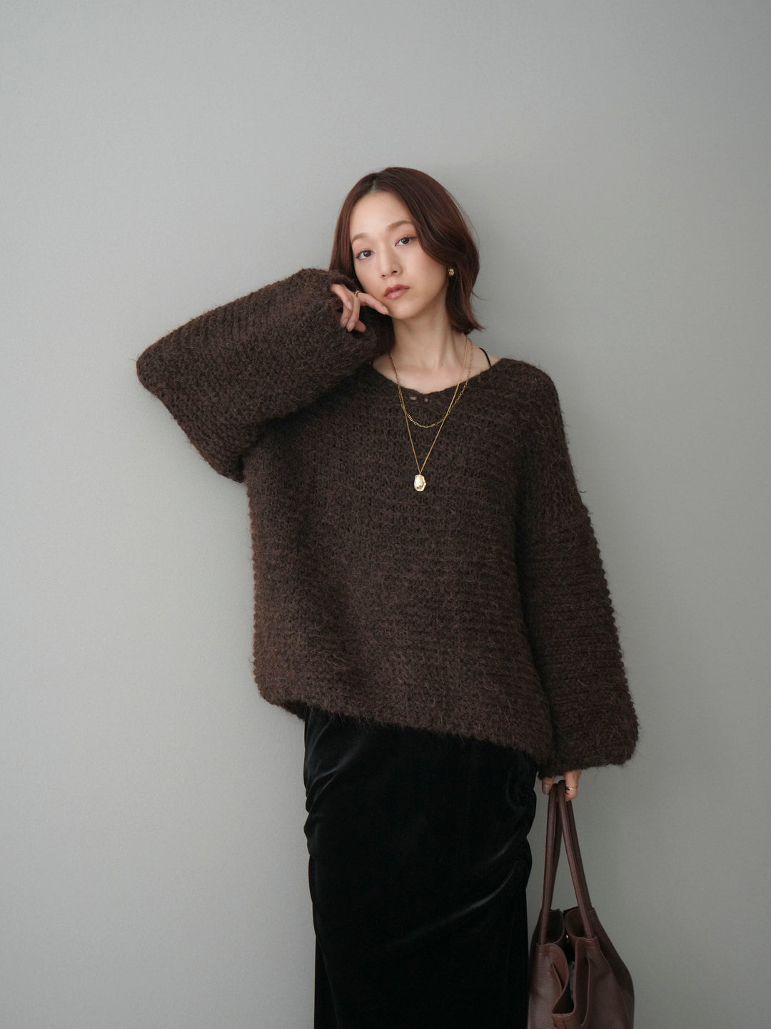 [SET]ワッフル編みシャギーニットプルオーバー+ギャザーベロアスカート(2set)