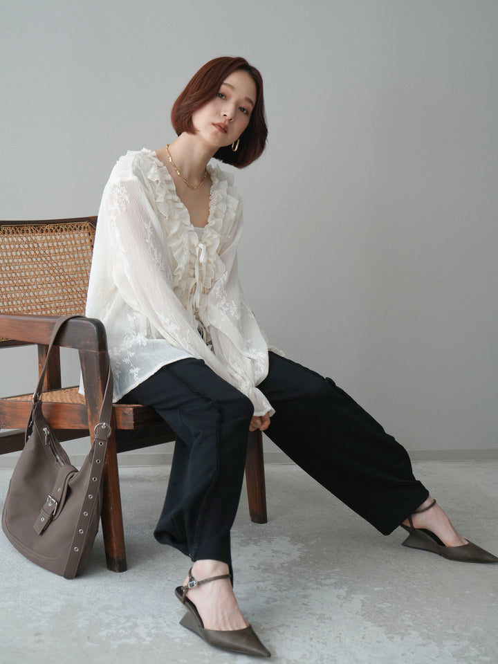 [SET]楊柳ラッフルフリルカーディガン+2WAYデザインスウェットパンツ(2set)