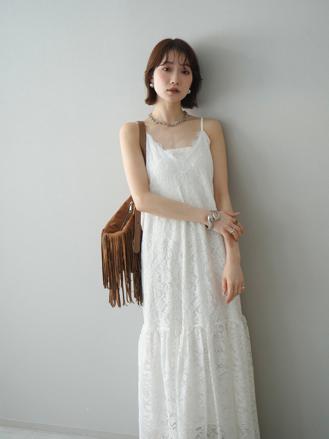 [予約]ギャザー切替レースキャミワンピース/white