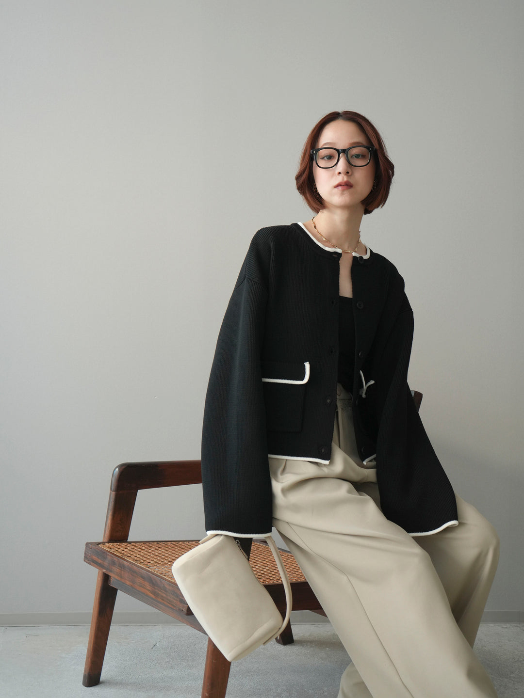 [SET]ポリエステル配色ニットカーディガン+ウエストレースタックワイドパンツ(2set)