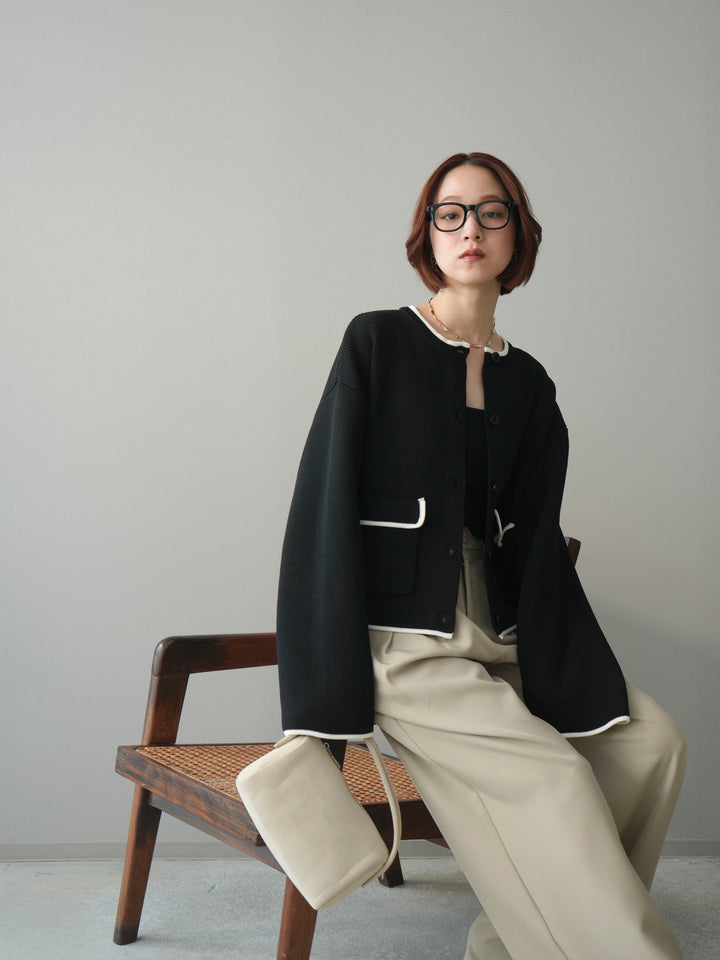 [SET]ポリエステル配色ニットカーディガン+ウエストレースタックワイドパンツ(2set)