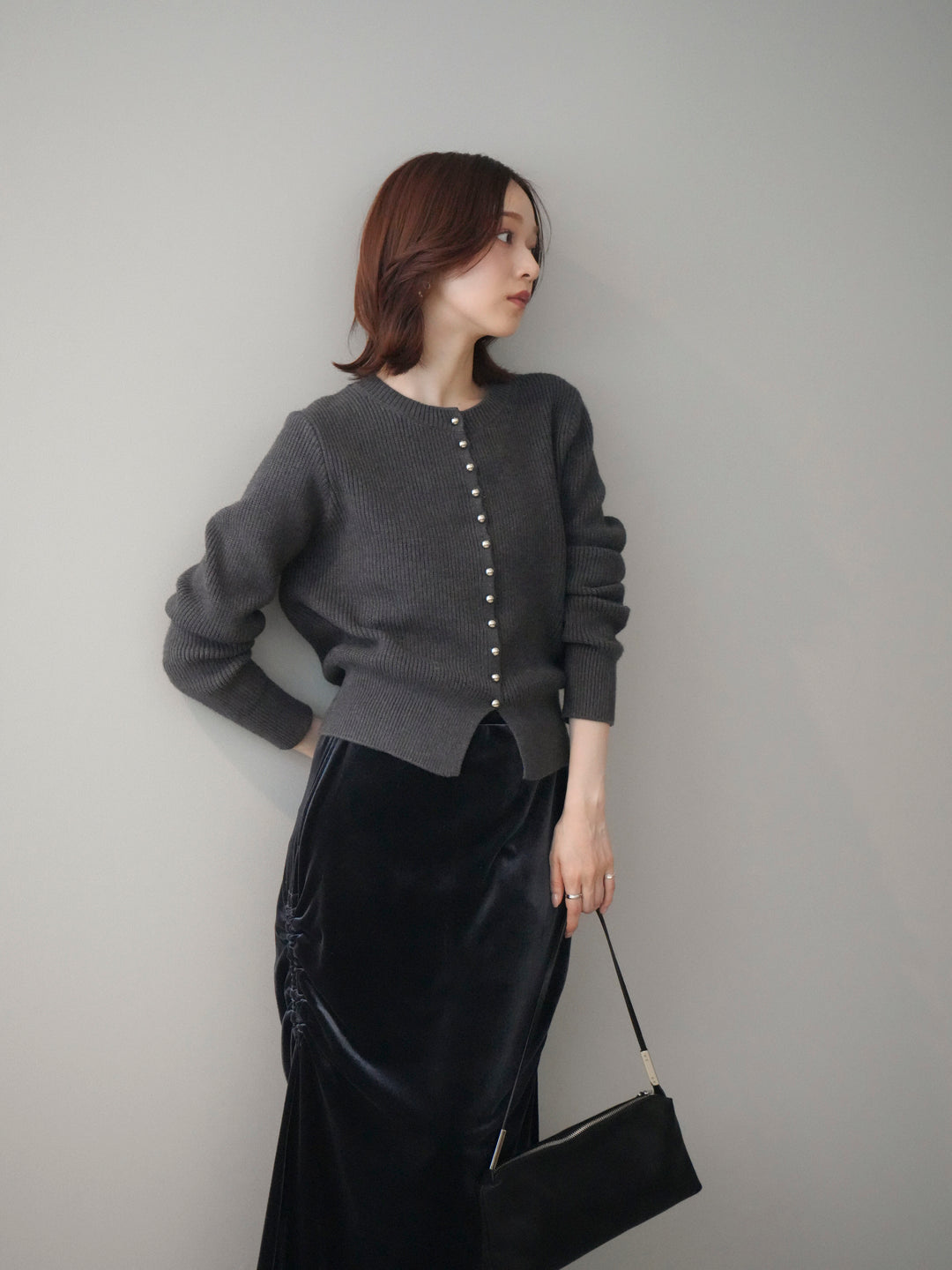 [予約]シルバーボタン畦編みニットカーディガン/charcoal