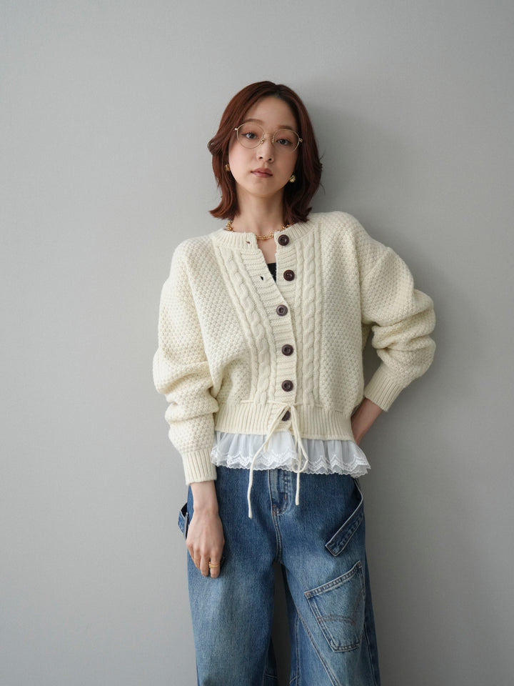 [SET]裾レースケーブルニットカーディガン+ペインターカーブデニムパンツ(2set)