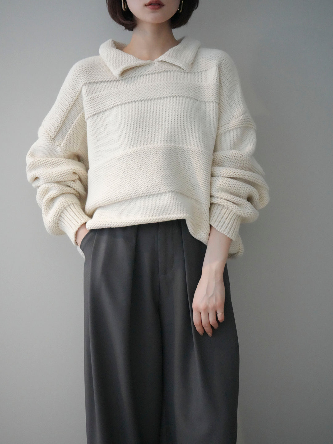 [予約]襟付きボーダー編みニットプルオーバー/ivory