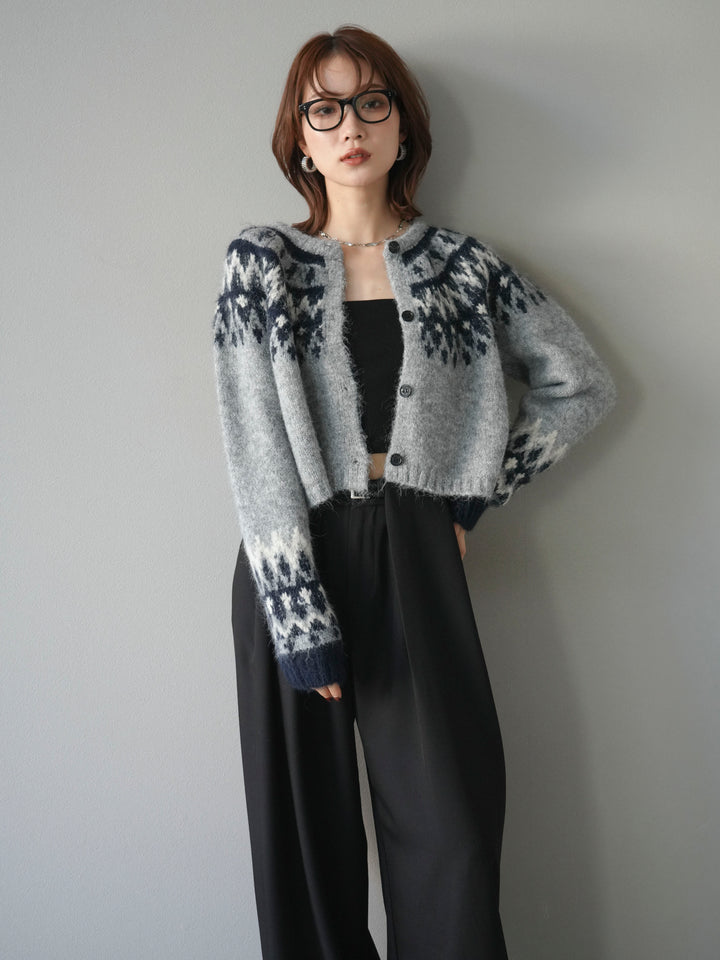 【着回しセット】[SET]求心柄クロップドニットカーディガン+異素材ミックスヤーンニットプルオーバー+ベルトループデザインワイドパンツ(3set)