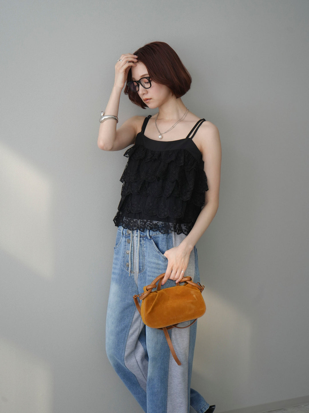 [SET]スカラップレースフリルキャミソール+デニム切替スウェットパンツ(2set)