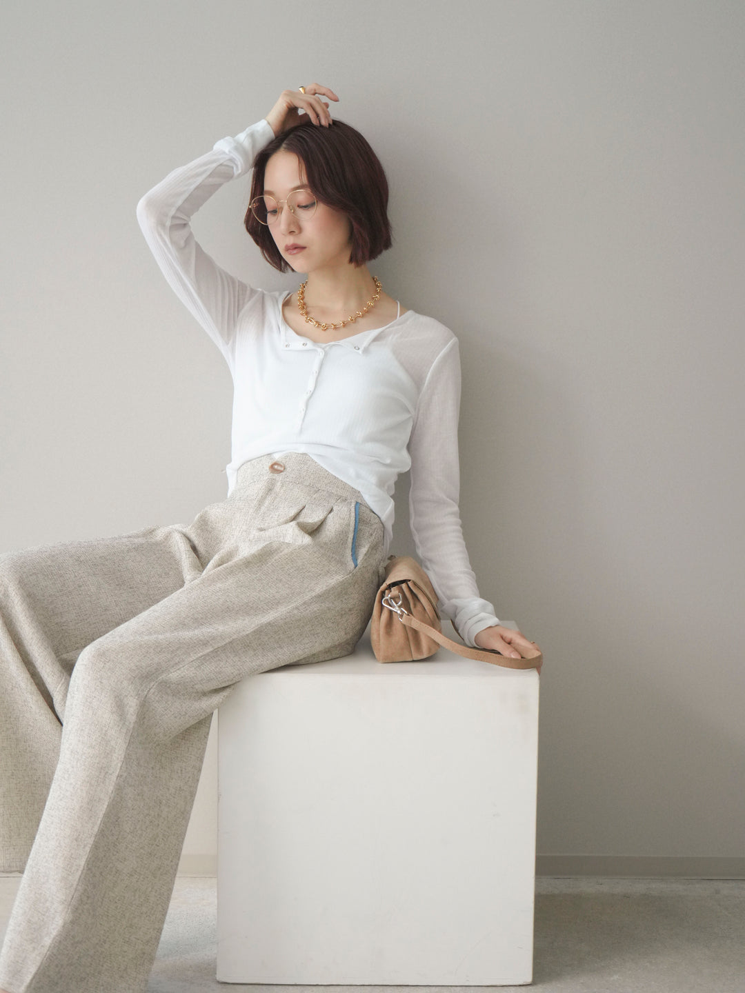 [予約]シアーリブヘンリーネックロンT/white