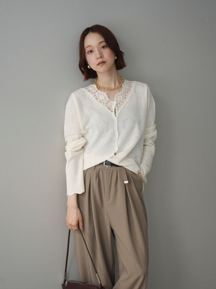 [SET]レースネックジャガードニットカーディガン+ベルト付キーホルダーモチーフワイドパンツ(2set)