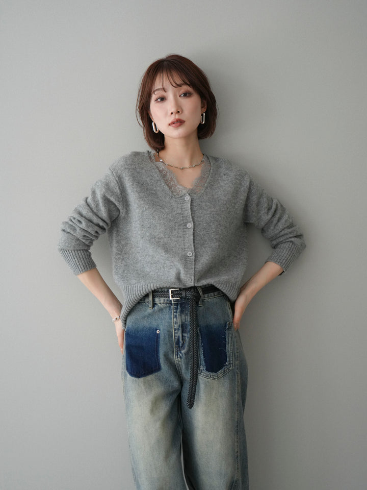 [SET]レースネックニットカーディガン+染めデザインポケットデニムパンツ(2set)