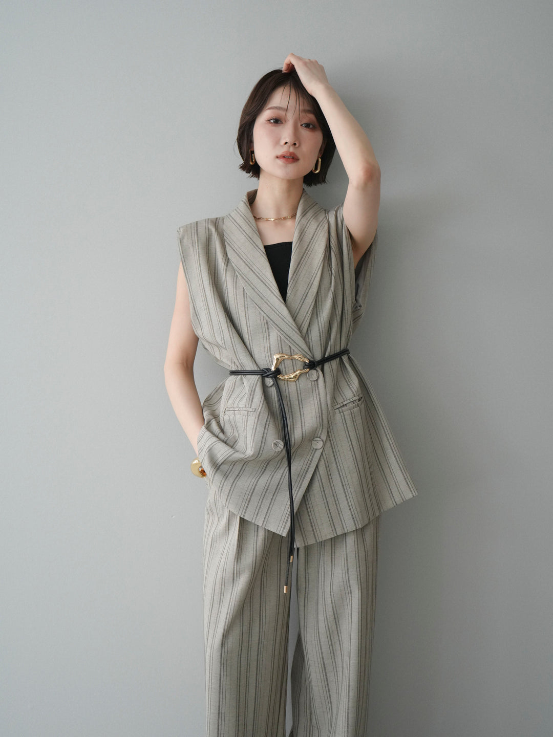 [SET]モチーフベルト付ストライプジレ＆パンツSETUP