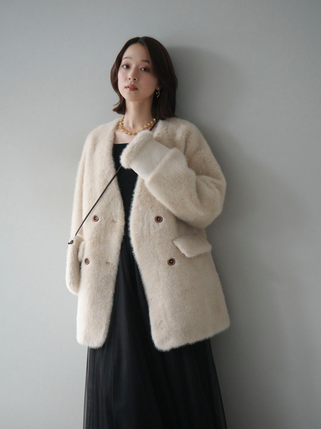 [SET]バッグ付エコファーノーカラーコート+チュールボリュームスカート(2set)