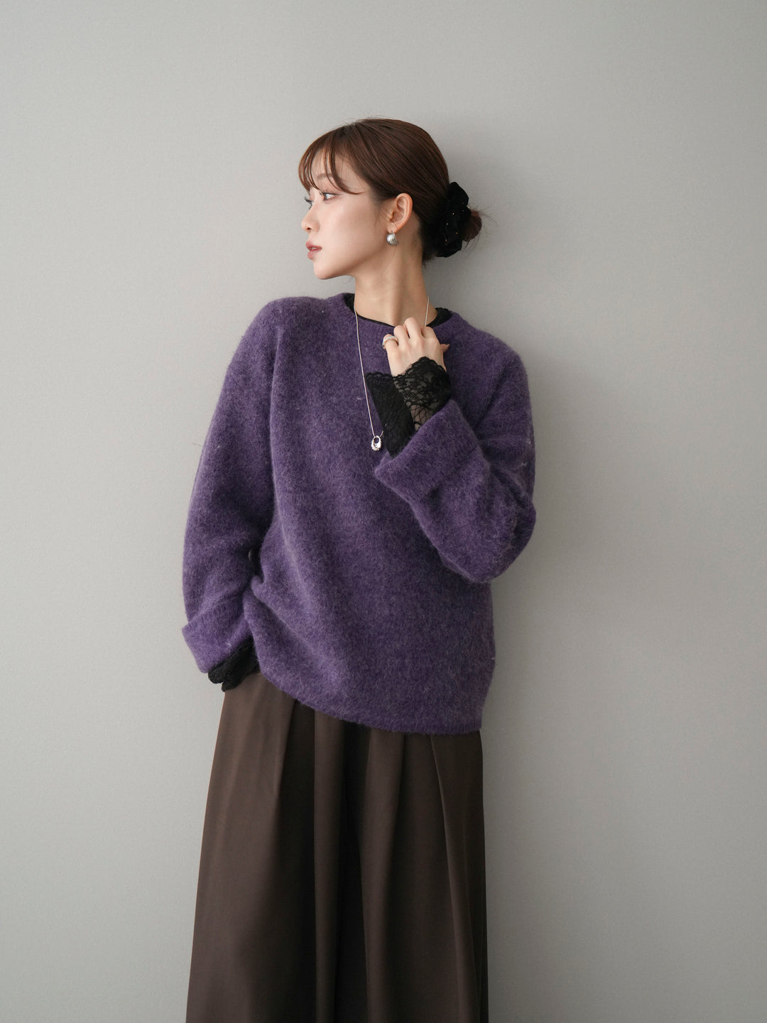 [SET]アンゴラタッチクルーネックニットプルオーバー+チュールレーストップス(2set)